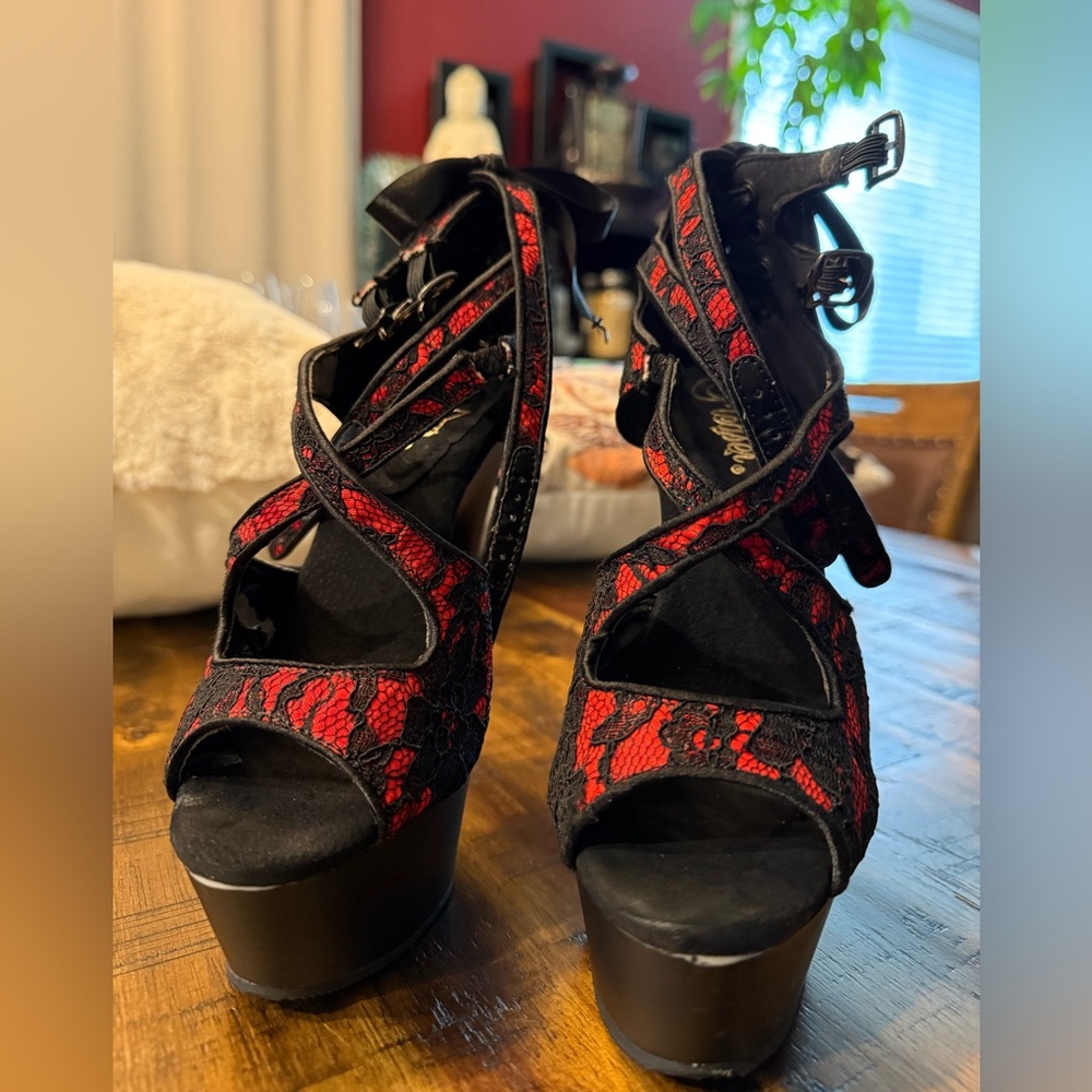 2 pairs Pleaser Heels bundle! lace, satin, and bowtie! sz 7 red/black - Picture 3 of 8